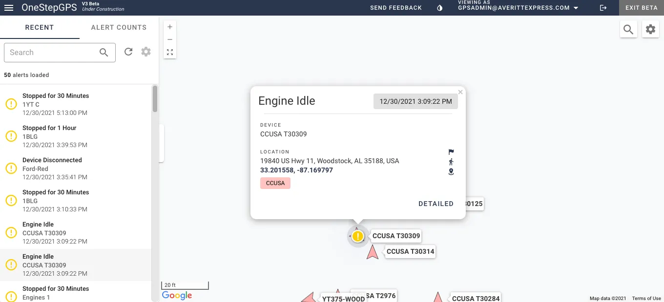 One Step GPS dashboard UI showing engine idle alerts