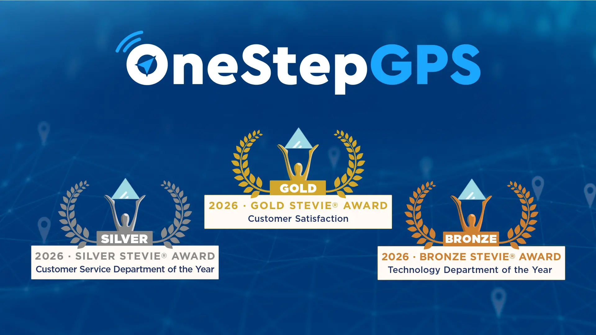 One Step GPS logo with three 2026 Stevie Awards for customer satisfaction, customer service, and technology department recognitions