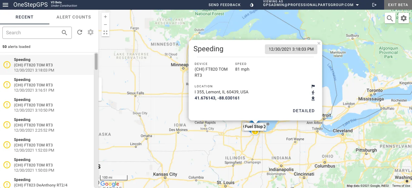 One Step GPS dashboard UI showing speeding alerts