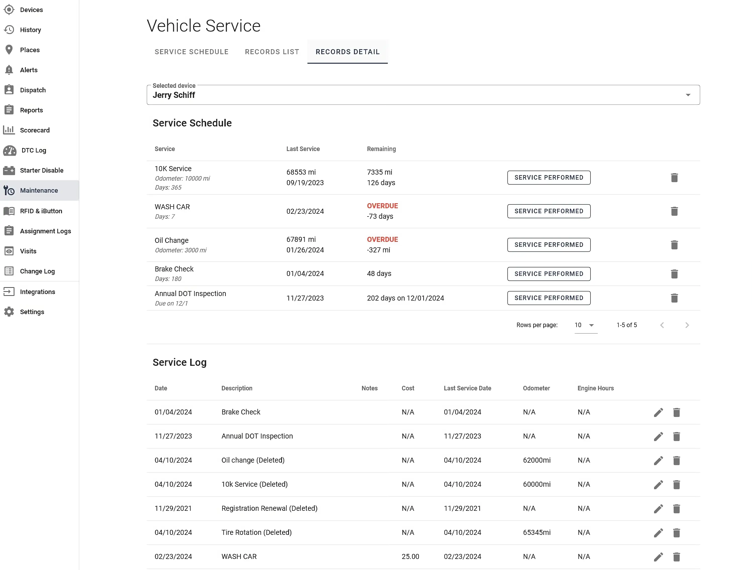One Step GPS UI showing a vehicle service record